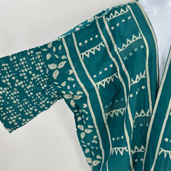 Marketplace of India S-L Silk Cotton Kimono Jacket Teal Global Batik Open Front - Picture 9 of 9